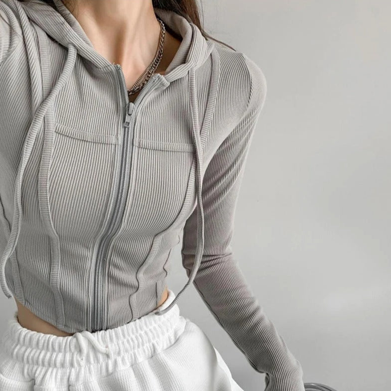 Dames Zip Up Crop Fitted Hoodie