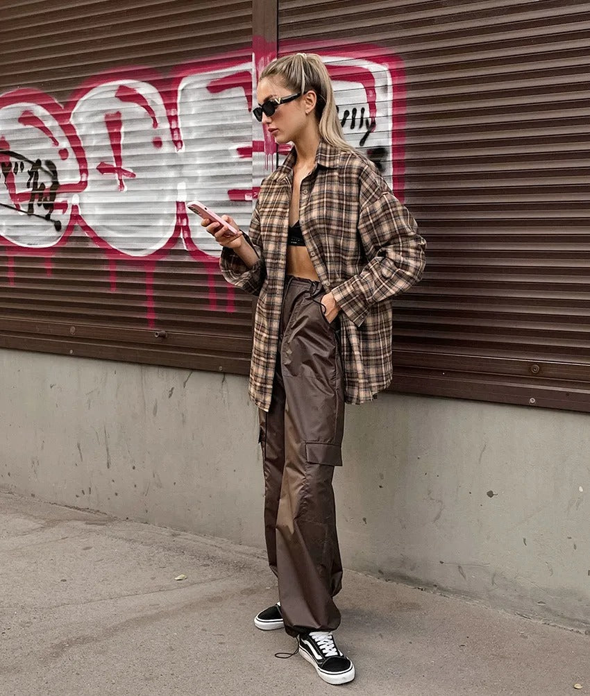 Vintage geruite damesblouse met lange mouwen