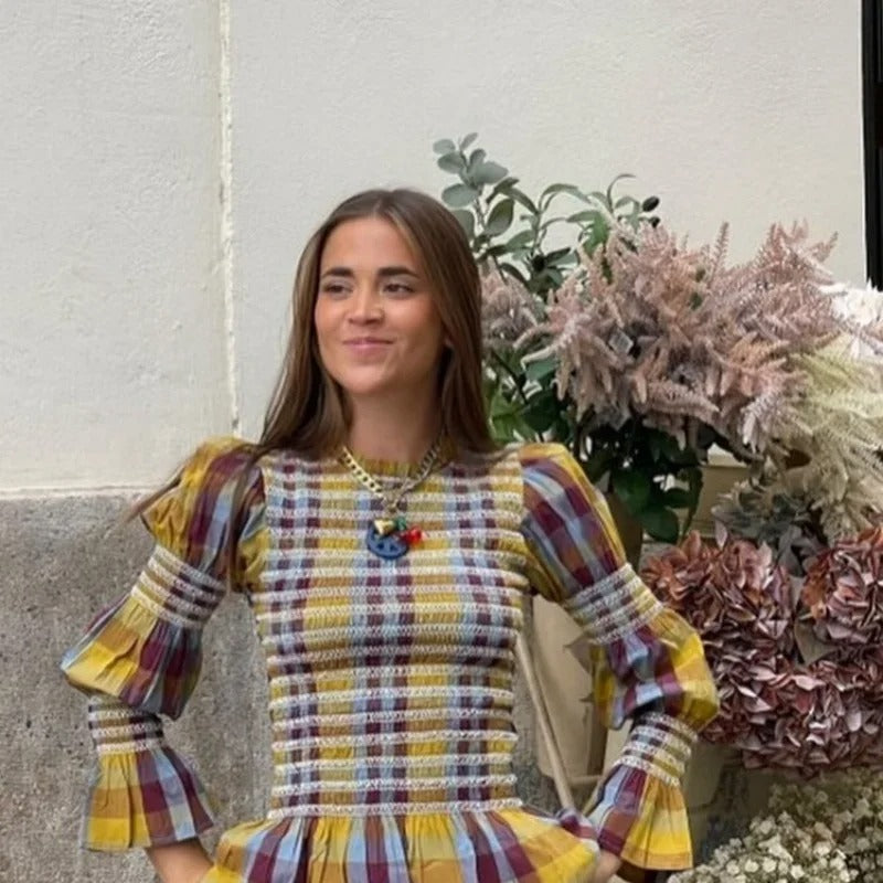 Dames geruite pofmouw T-shirt