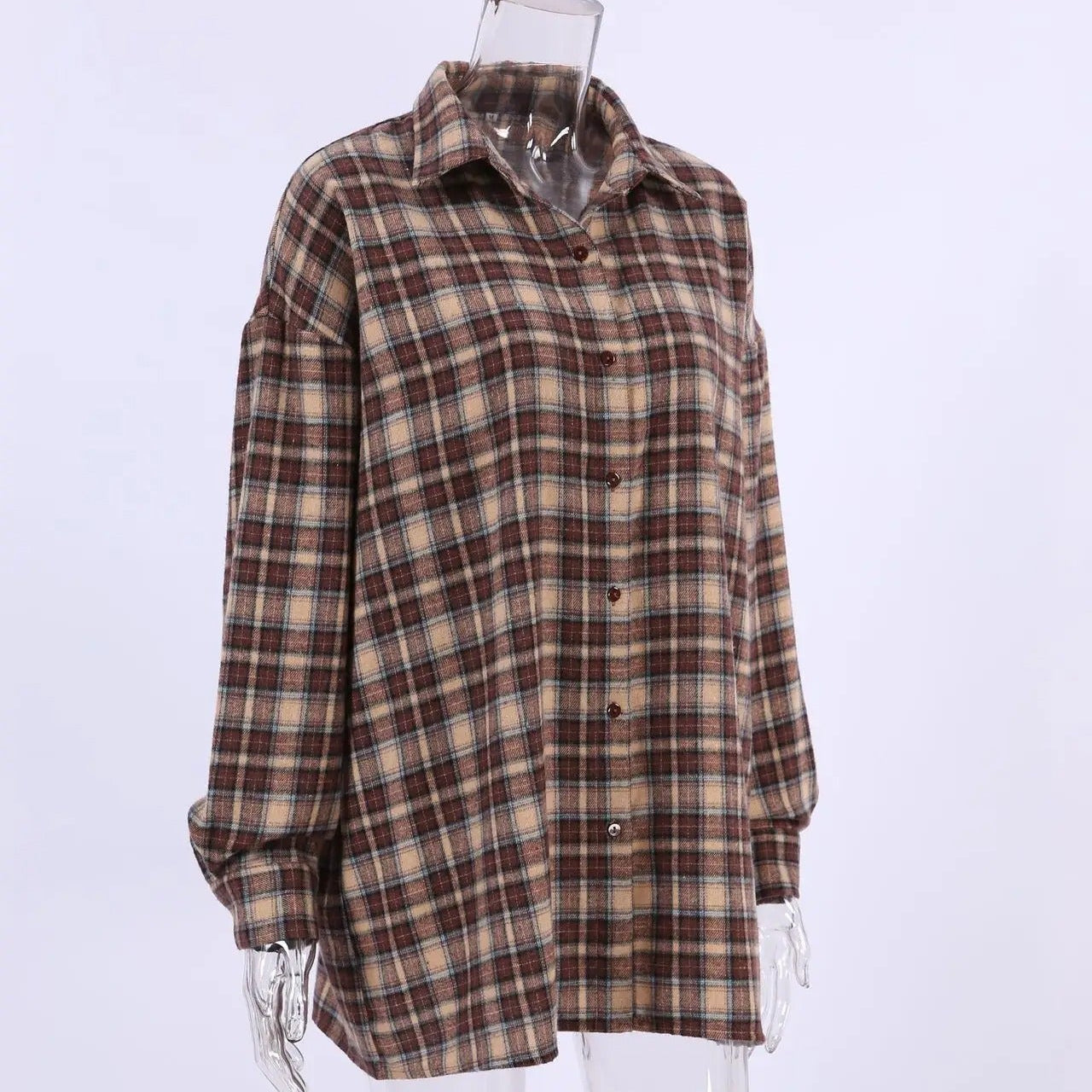 Vintage geruite damesblouse met lange mouwen