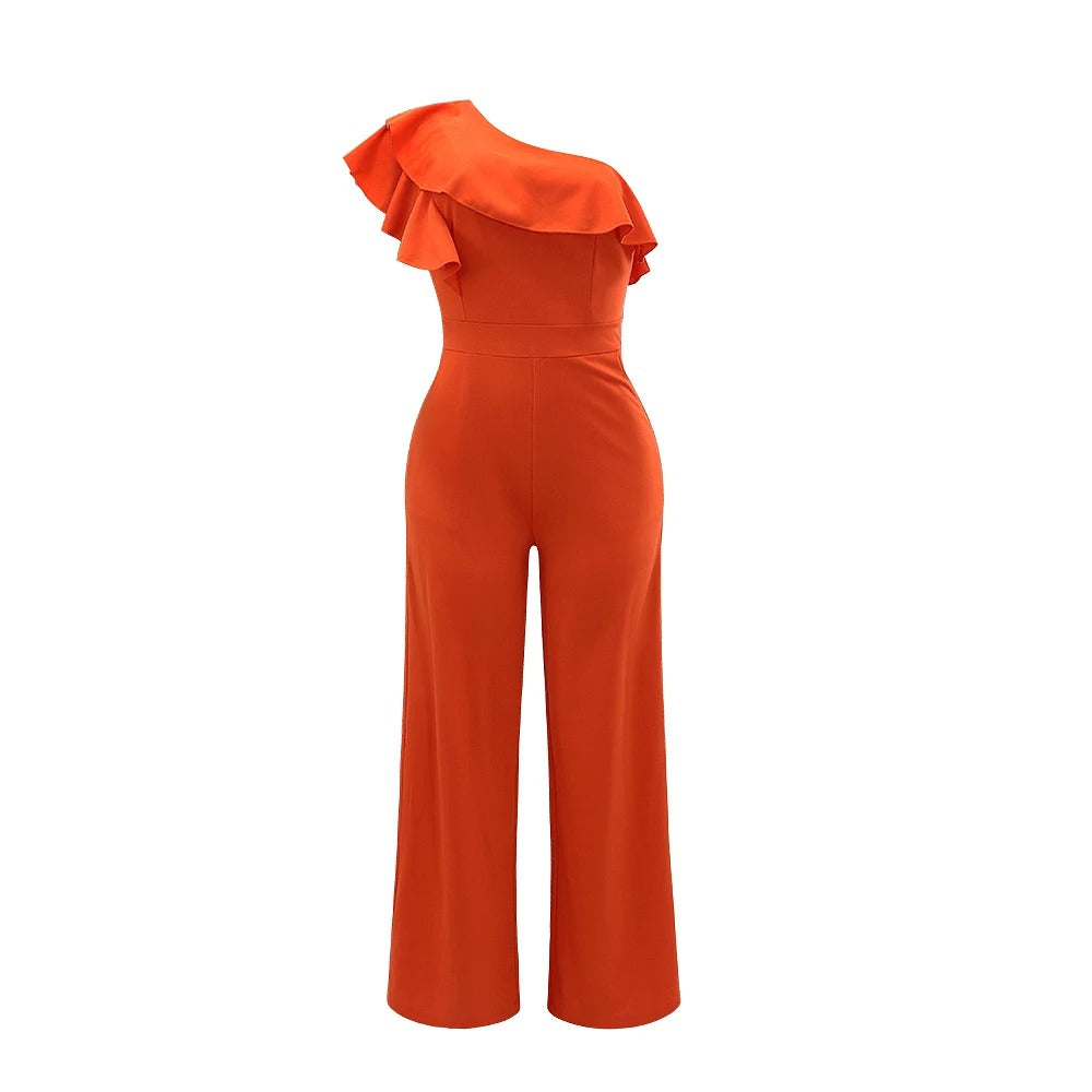 Dames jumpsuit met één schouder en ruches