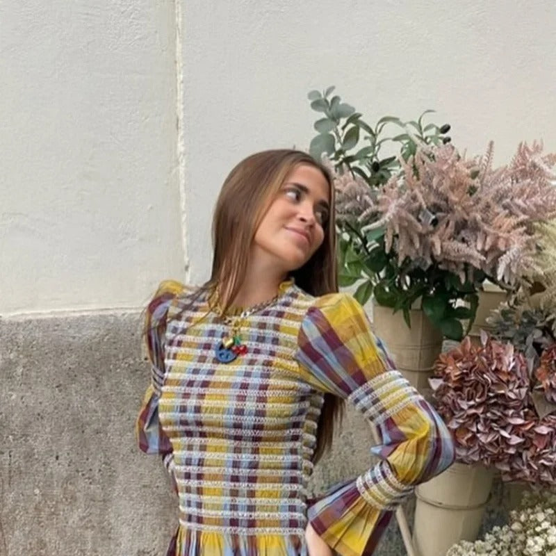 Dames geruite pofmouw T-shirt