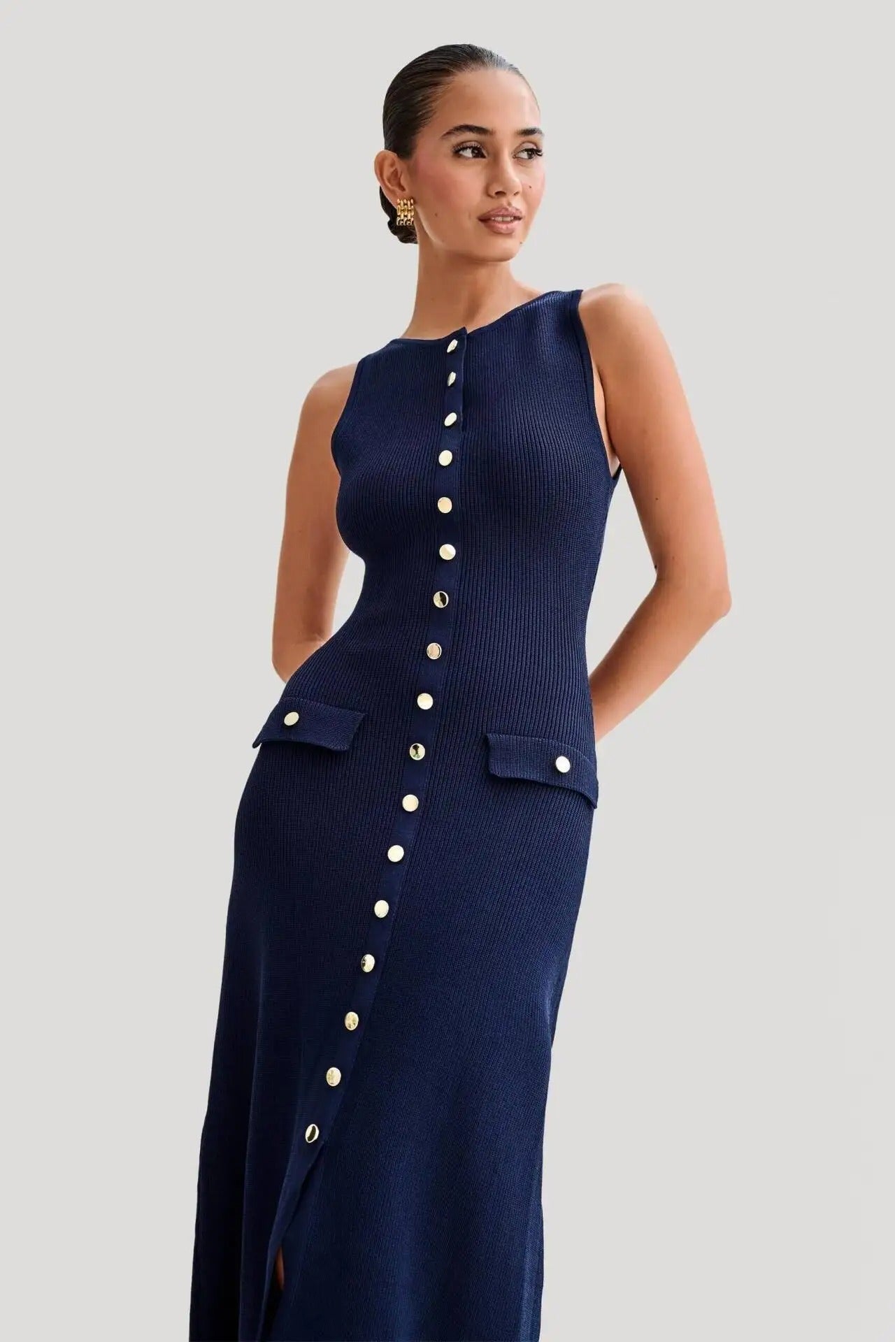 Dames gebreide mouwloze bodycon jurk met knopen