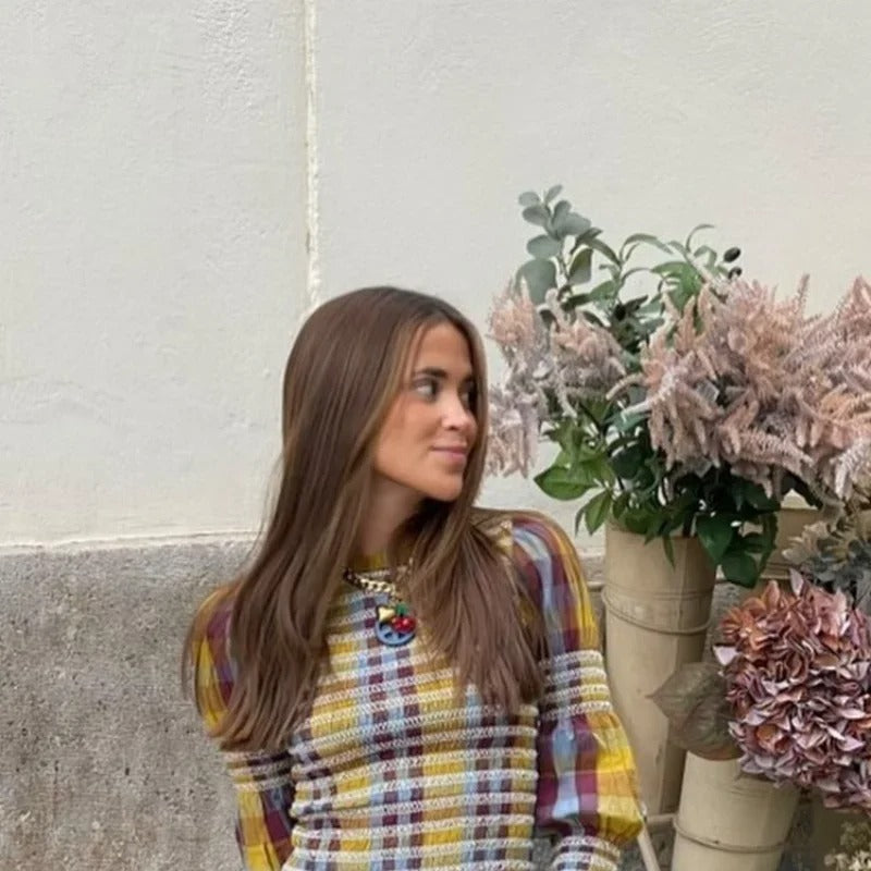 Dames geruite pofmouw T-shirt