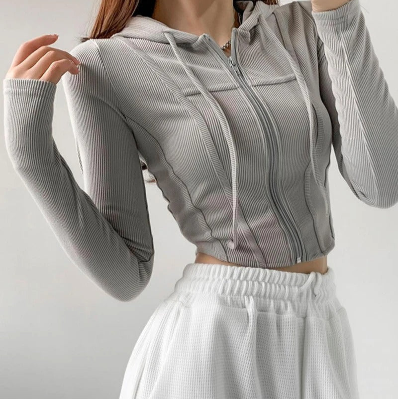 Dames Zip Up Crop Fitted Hoodie