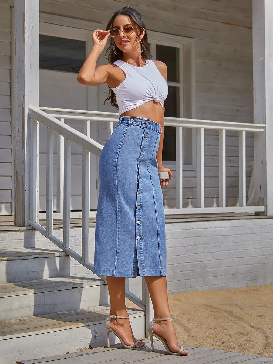 Dames High Waist Denim Bodycon Rok
