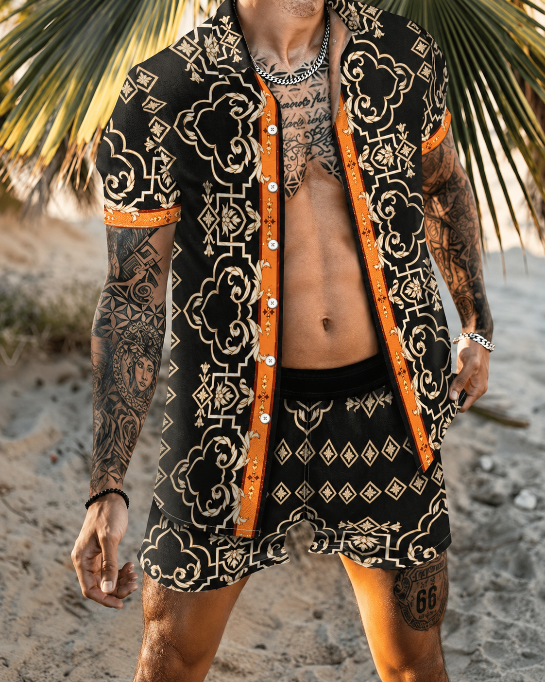 Heren Zomerset met Korte Mouwen en Shorts, Modern Patchwork Design