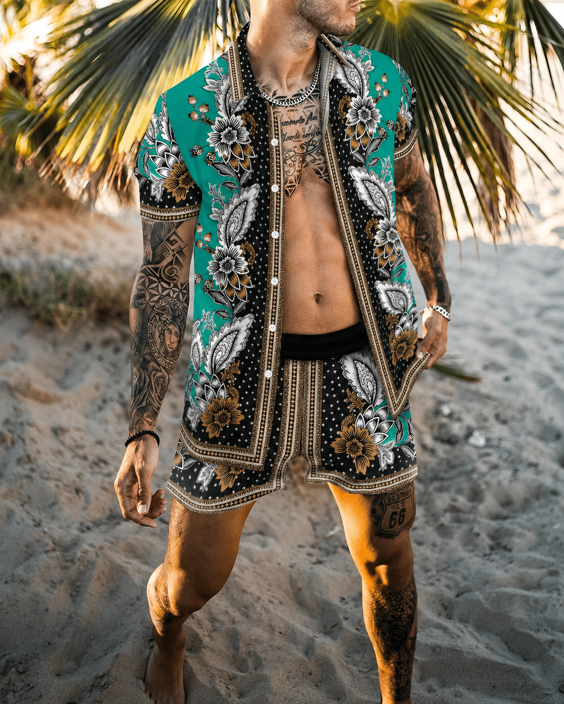 Heren Zomerset met Korte Mouwen en Shorts, Modern Patchwork Design