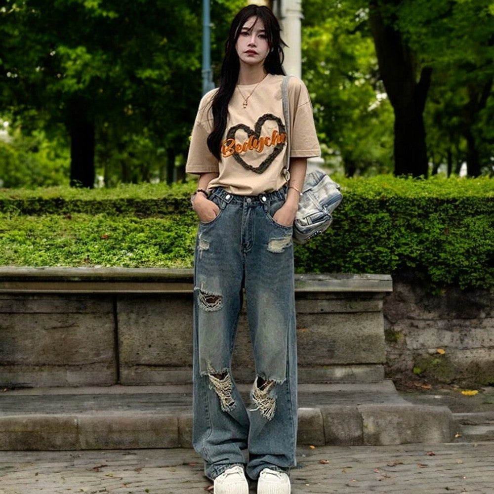 Gescheurde damesjeans met hoge taille