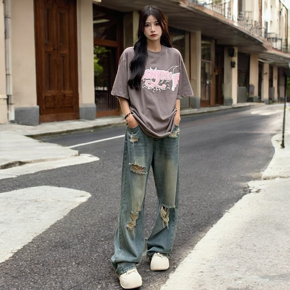 Gescheurde damesjeans met hoge taille