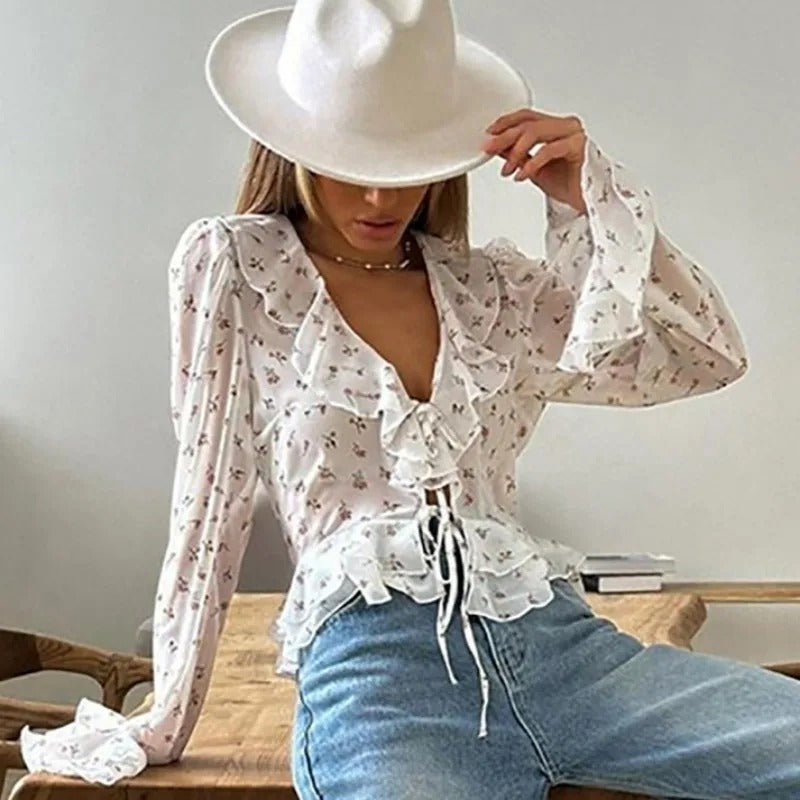 Damesblouse met V-hals en Chiffon print