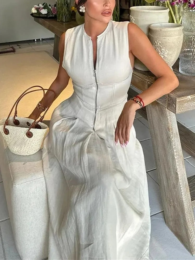 Vrouwen Mouwloze Ritssluiting Geplooide Bodycon Midi Dress