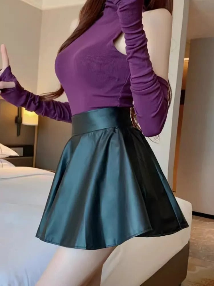 Vintage hoge taille geplooide leren rok