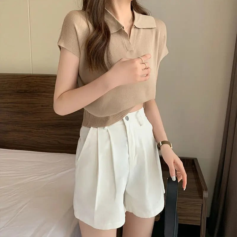 Gebreid damesshirt met korte mouwen