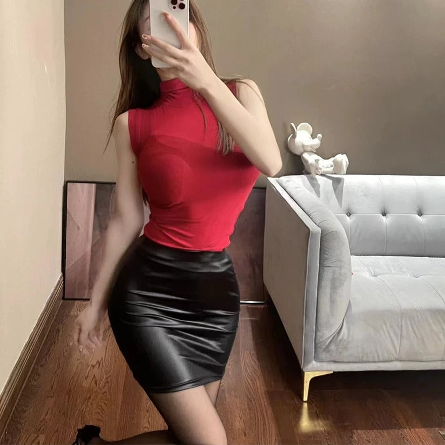 Dames leren matte hoge taille rok