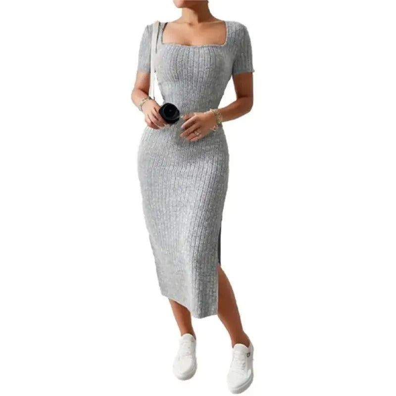 Vrouwen Vierkante Hals Gebreide Midi Dress