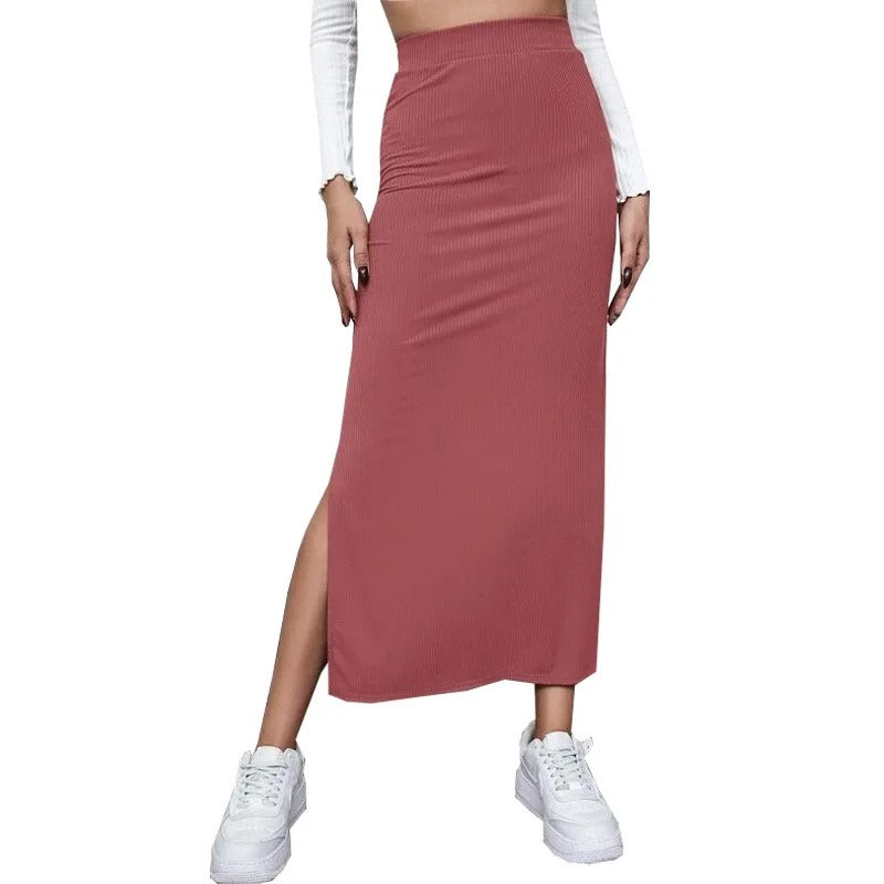 Dames hoge taille geribbelde splitrok