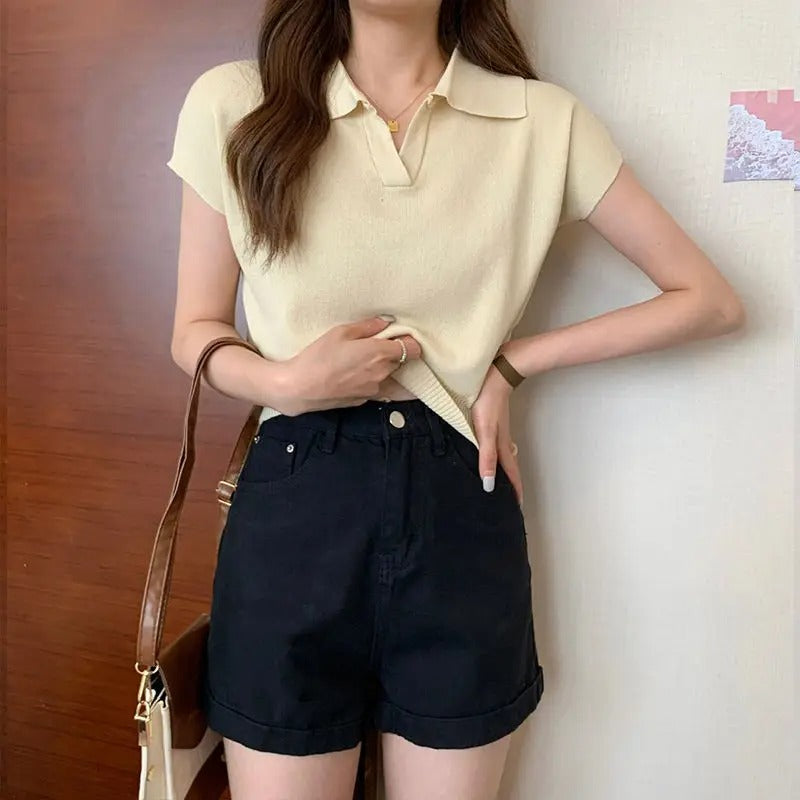 Gebreid damesshirt met korte mouwen