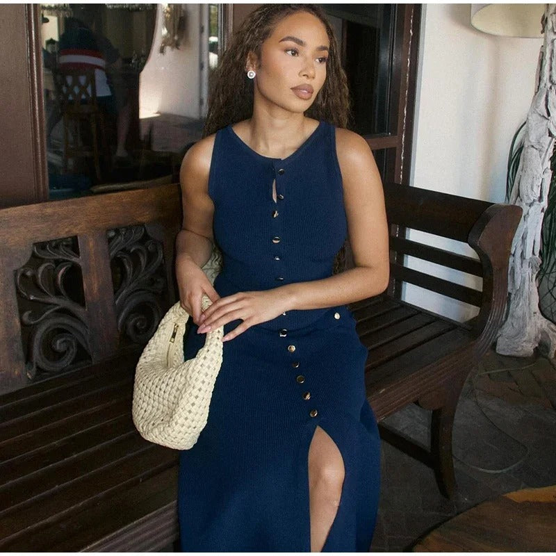 Dames gebreide mouwloze bodycon jurk met knopen