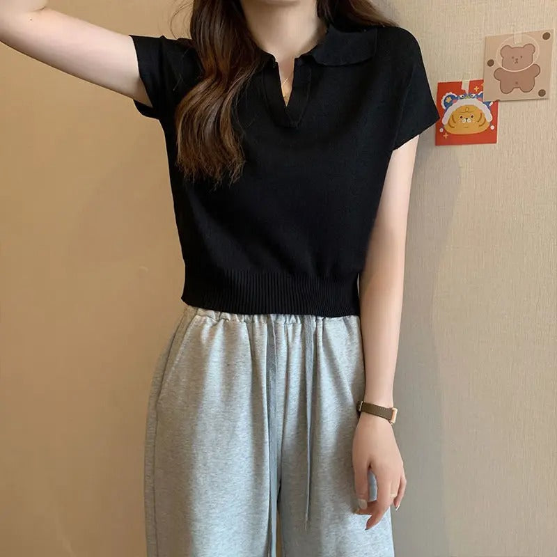 Gebreid damesshirt met korte mouwen