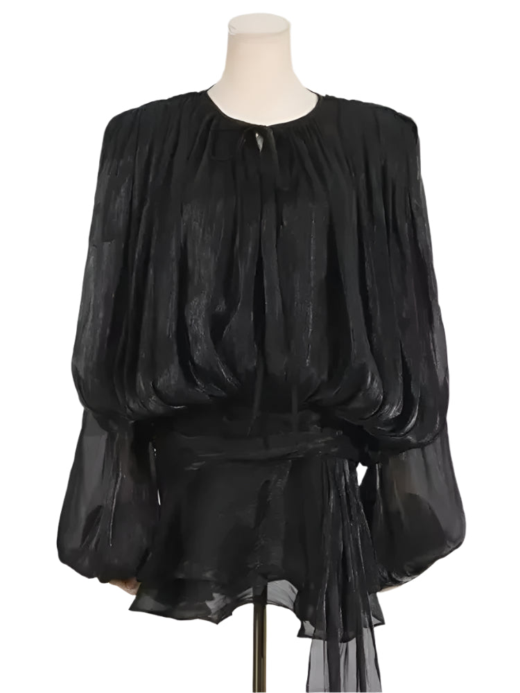 Dames blousejurk met vetersluiting en lantaarnmouwen