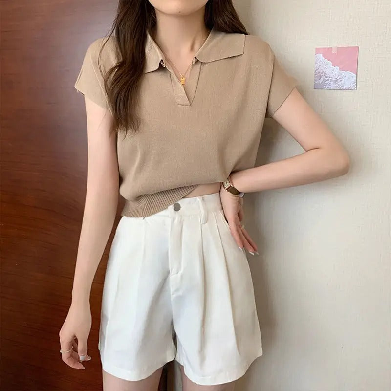 Gebreid damesshirt met korte mouwen