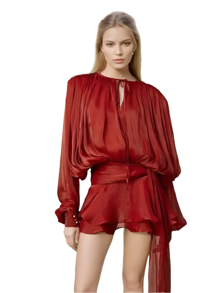 Dames blousejurk met vetersluiting en lantaarnmouwen