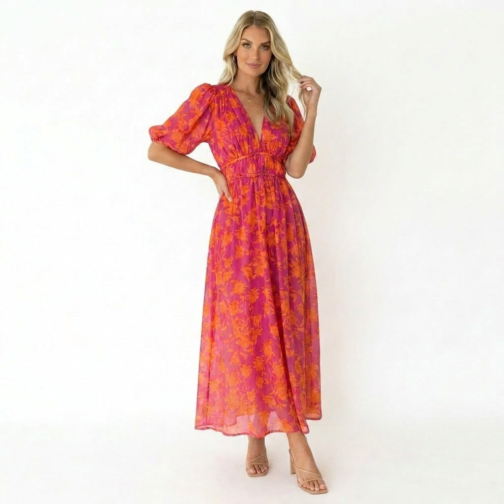 Vrouwen Maxi Jurk V-Hals Bloemenprint met Puff Mouwen
