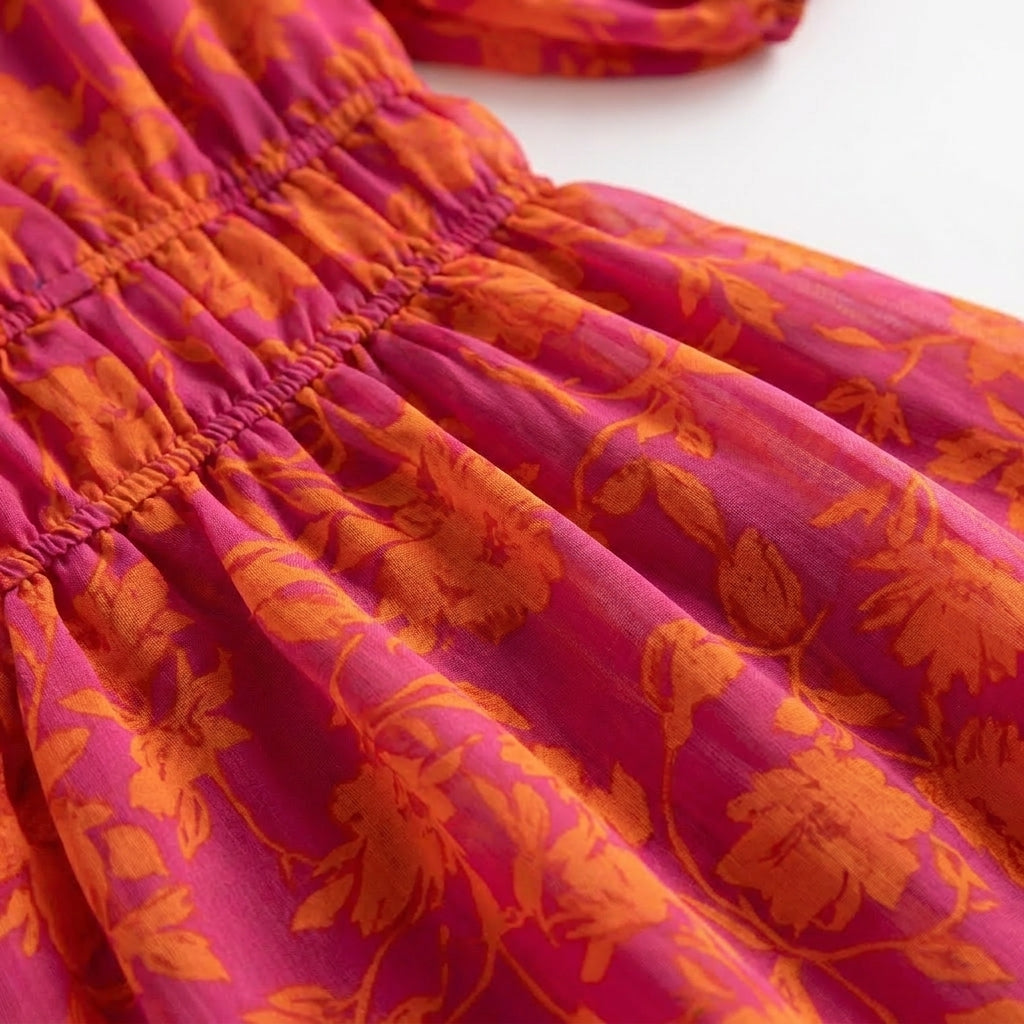Vrouwen Maxi Jurk V-Hals Bloemenprint met Puff Mouwen