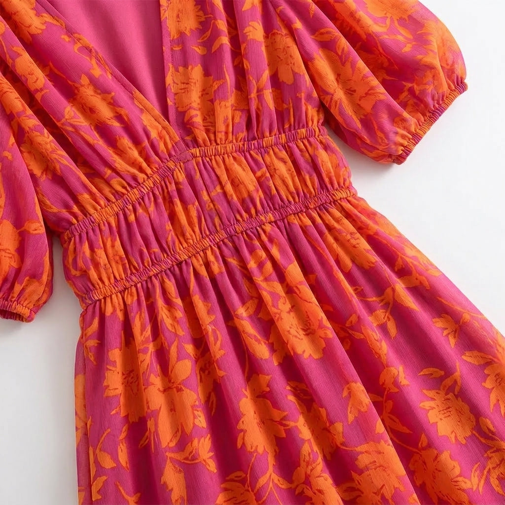 Vrouwen Maxi Jurk V-Hals Bloemenprint met Puff Mouwen