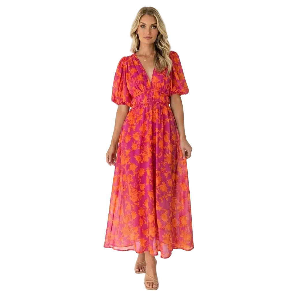 Vrouwen Maxi Jurk V-Hals Bloemenprint met Puff Mouwen