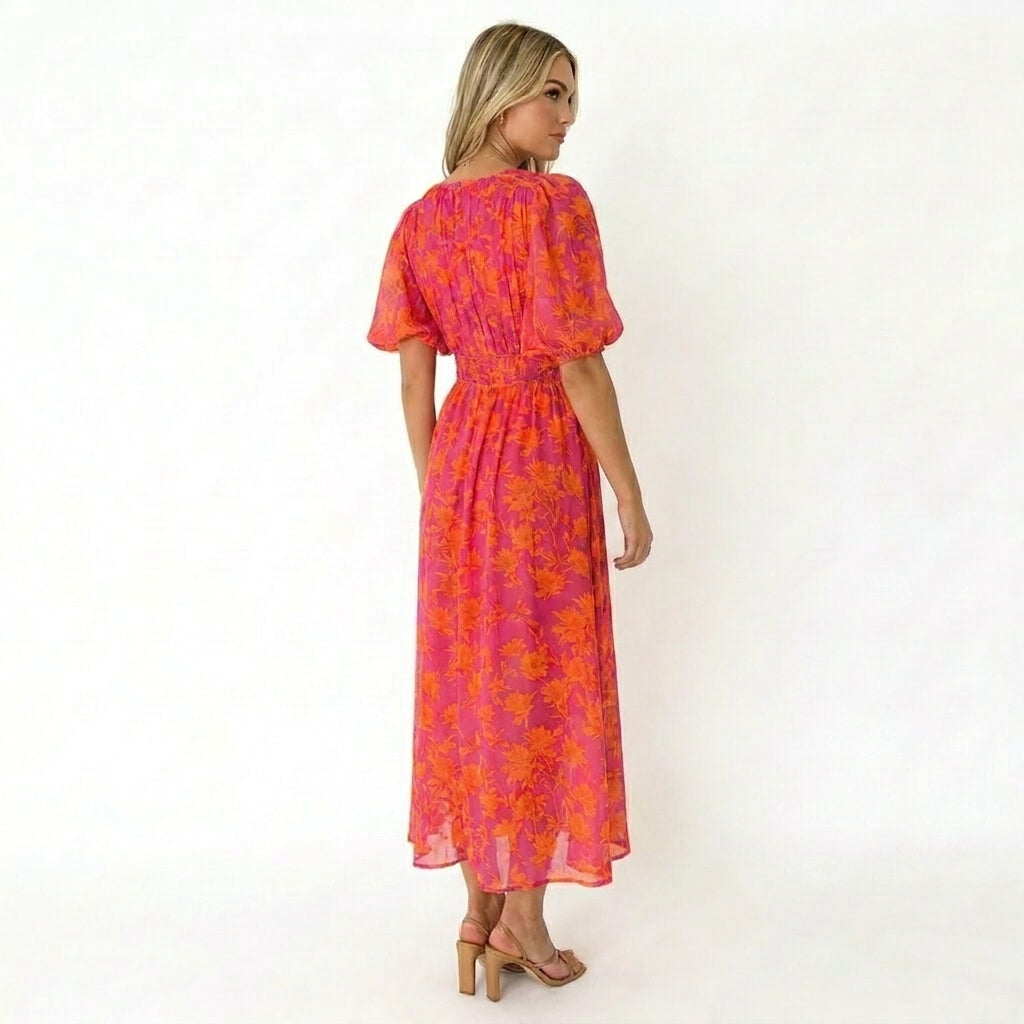 Vrouwen Maxi Jurk V-Hals Bloemenprint met Puff Mouwen