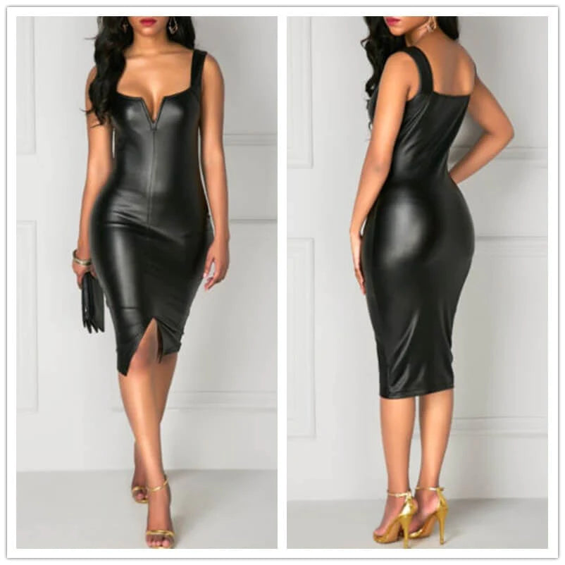 Zwarte bodycon leren jurk