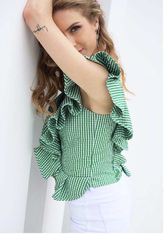 Gestreepte blouse met één schouder en volant