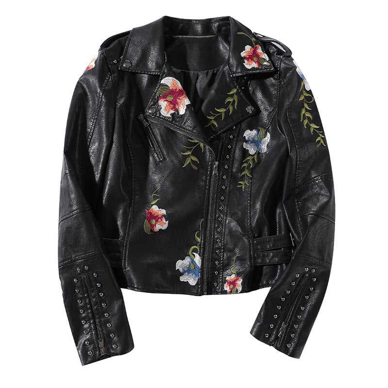 Geborduurd leren jasje met bloemenprint