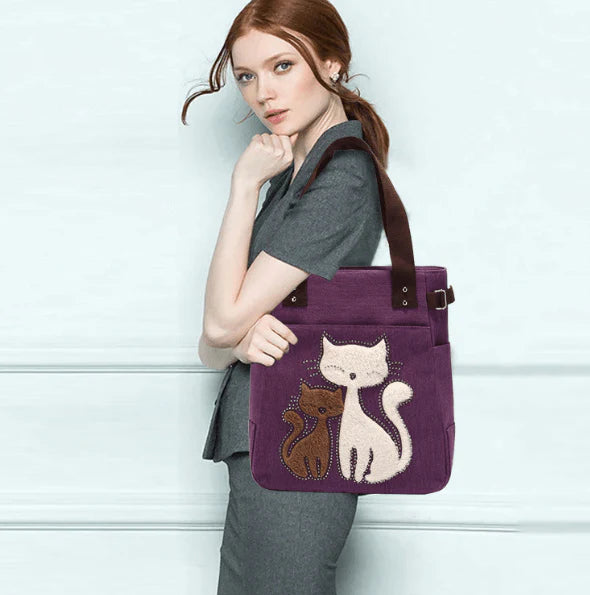 Kat Geborduurde Canvas Tas