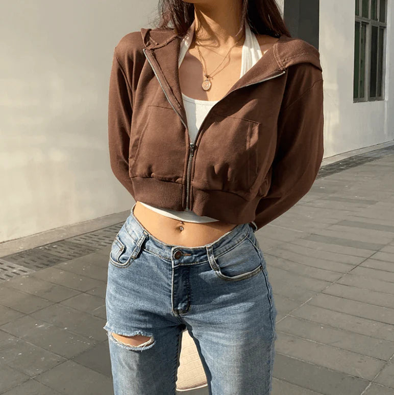Extra Slanke Gekroesde Zip-Up Hoodie