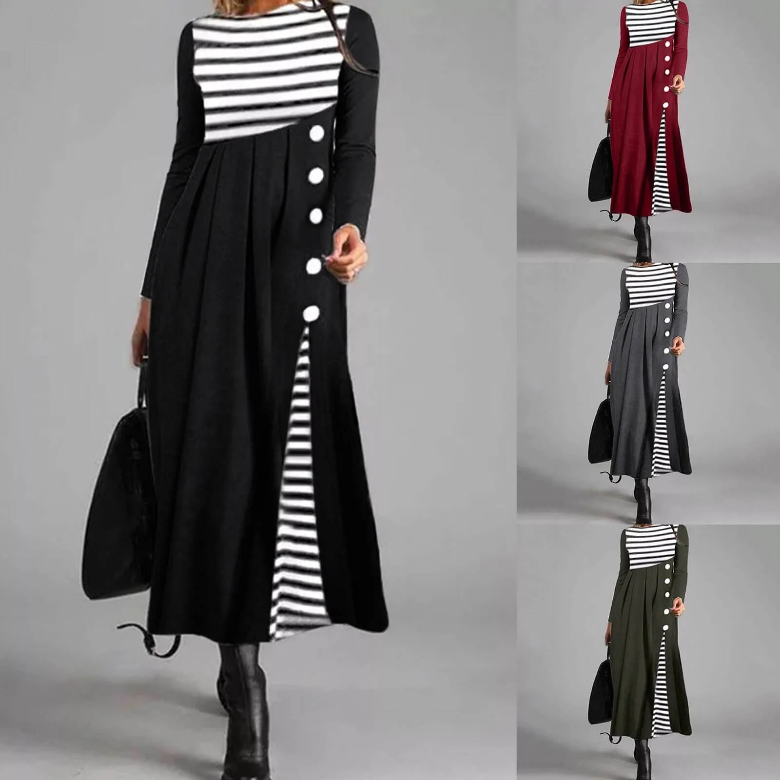 Vrouwen Streep Lange Mouwen Patchwork Jurk