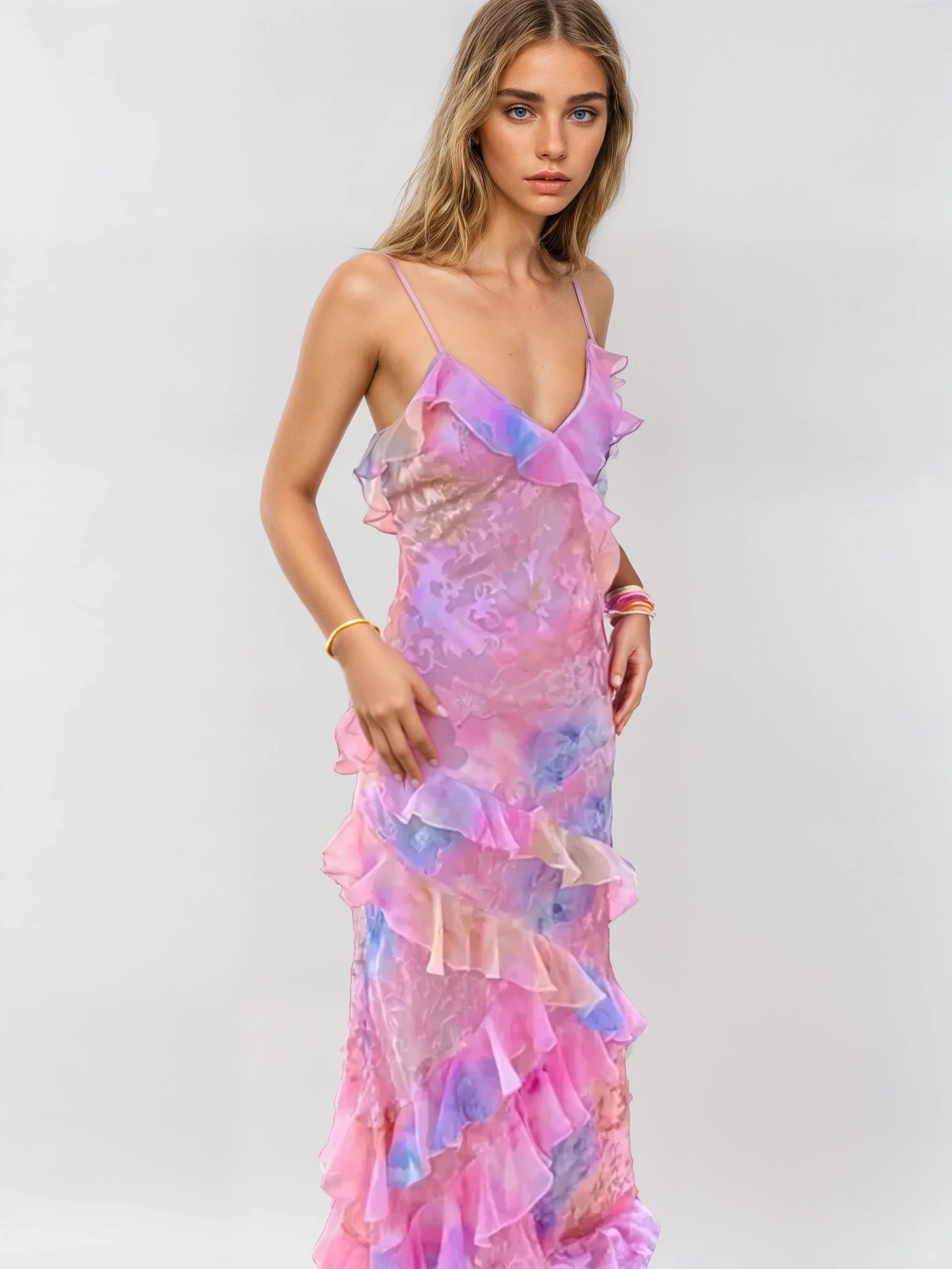 Dames Lange Zomerjurk Pastel Romantisch Mesh met Diepe V-Cut-1