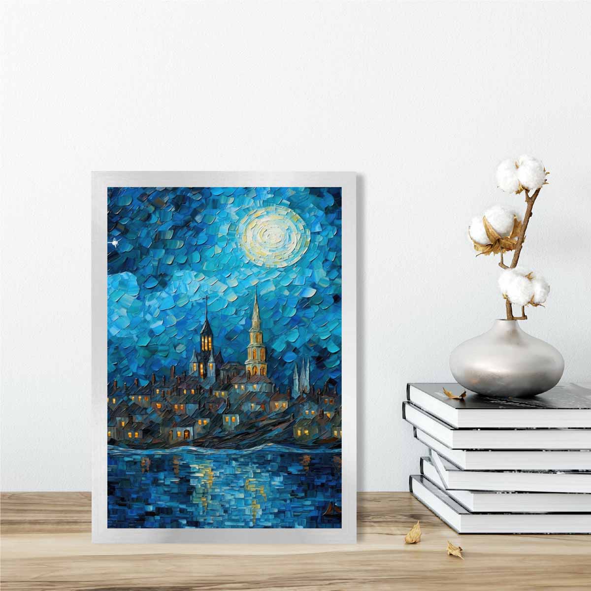 Art Print Nachtlandschap Stad aan het Meer 2