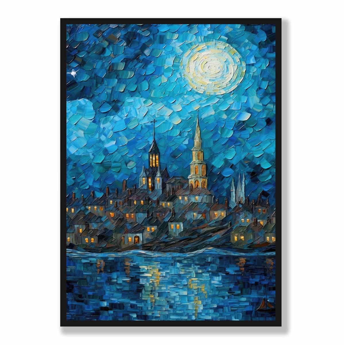 Art Print Nachtlandschap Stad aan het Meer 5