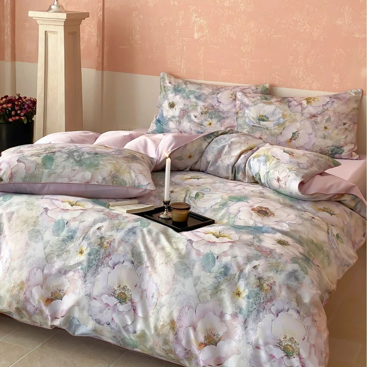 Beddengoedset Dames Katoensatijn Bloemenprint Omkeerbaar 6