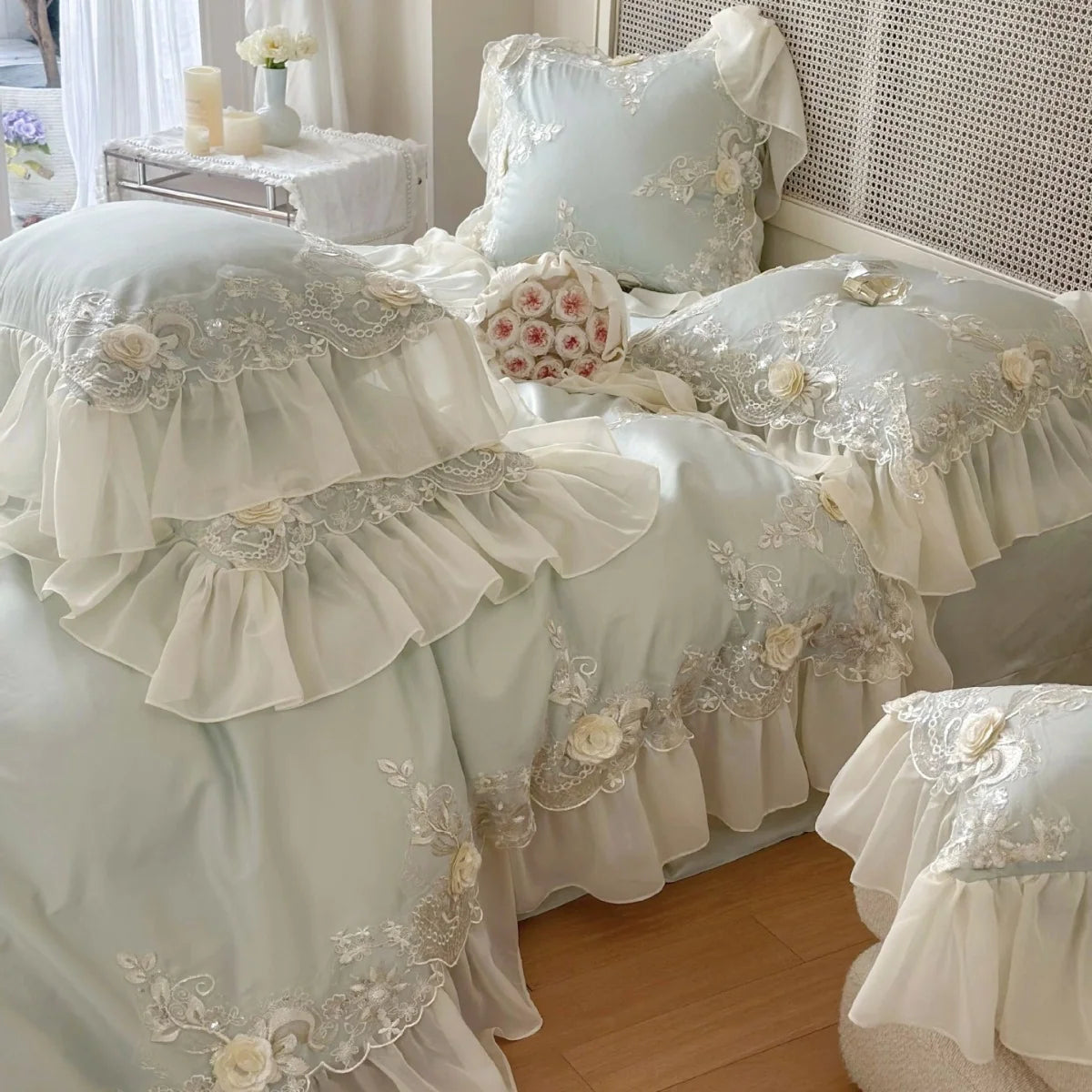 Beddengoedset Dames Romantisch Borduursels Ruches Kant 1