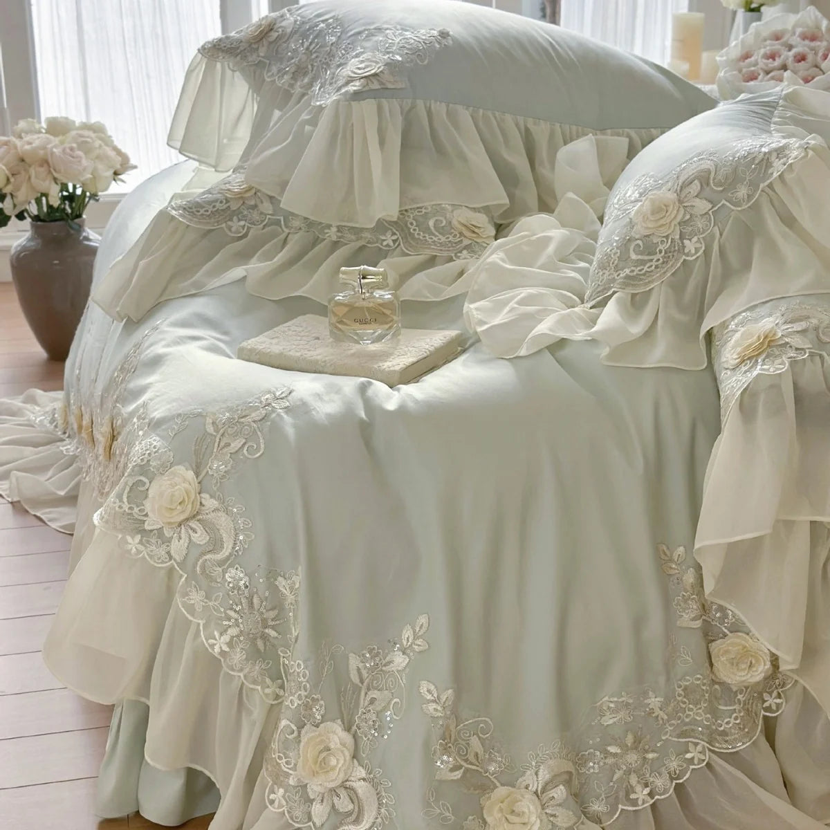 Beddengoedset Dames Romantisch Borduursels Ruches Kant 2