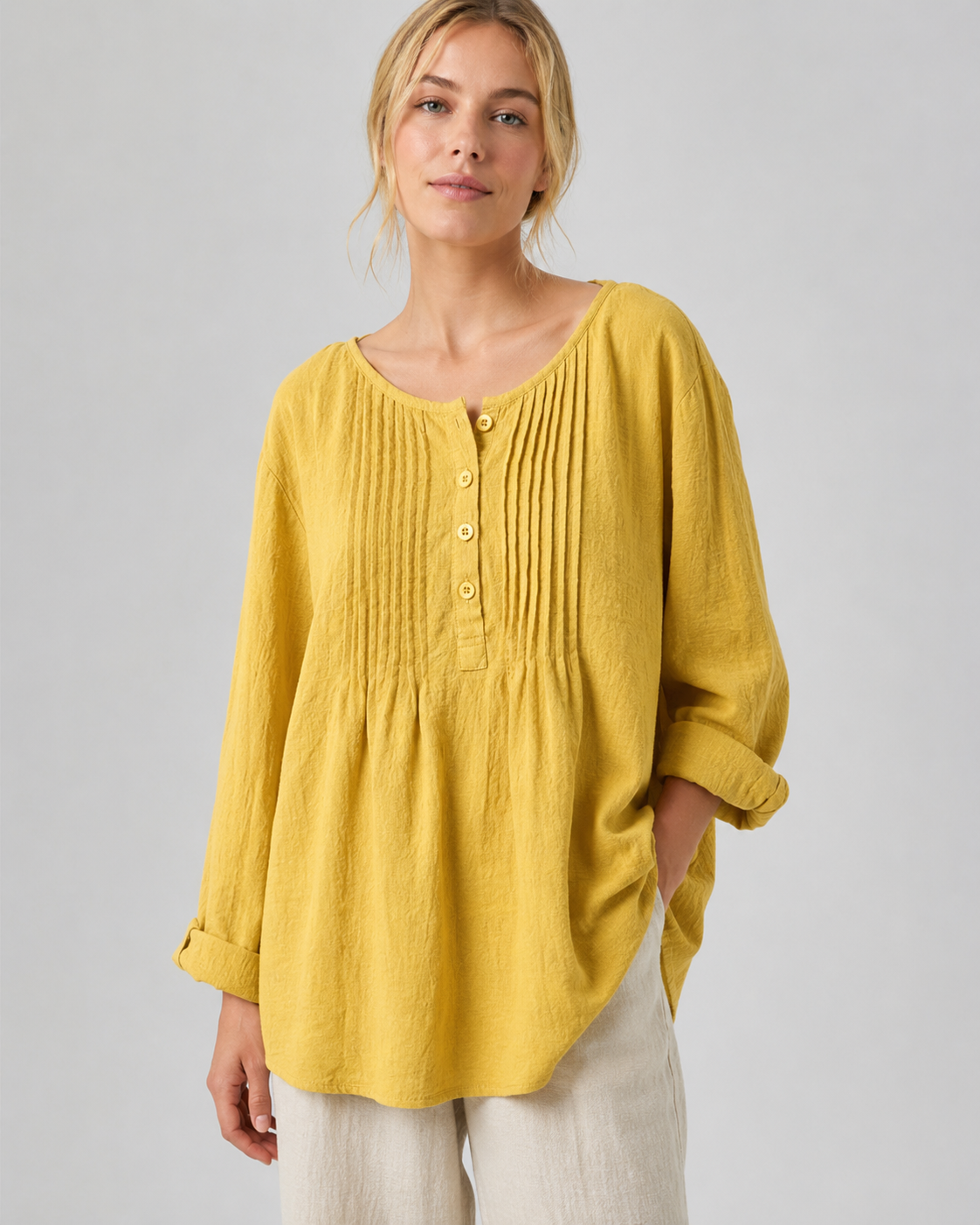 Dames Langsleeve Shirt Ronde Hals Geplooid