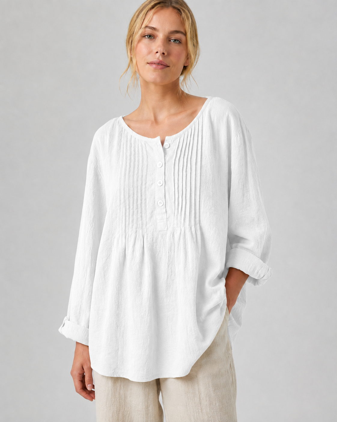 Dames Langsleeve Shirt Ronde Hals Geplooid