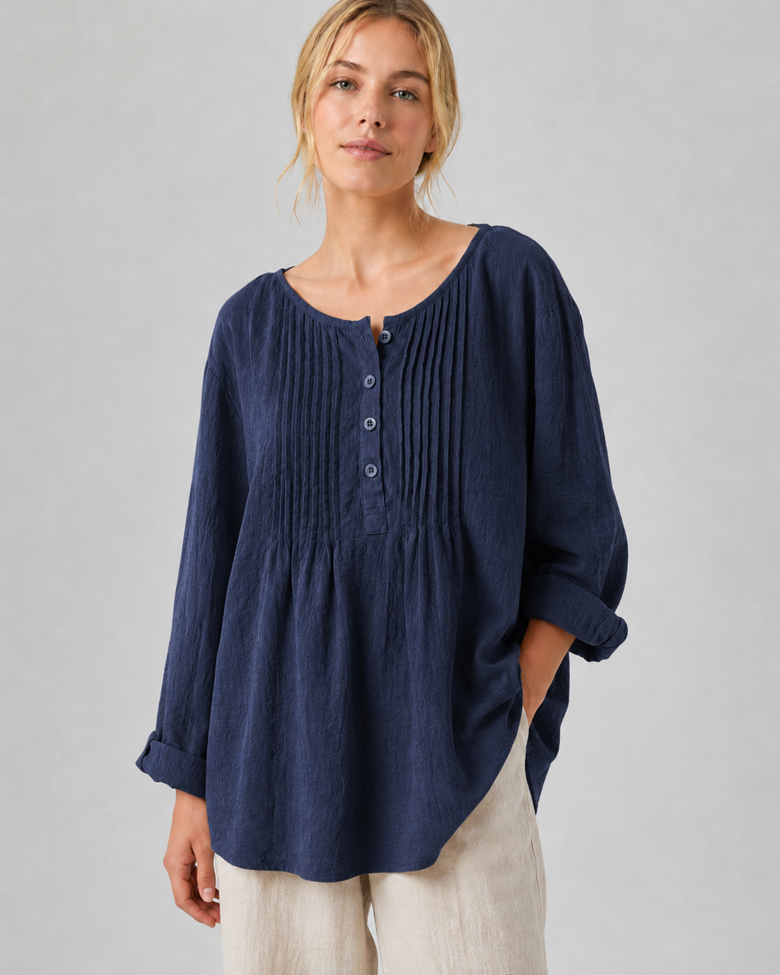 Dames Langsleeve Shirt Ronde Hals Geplooid