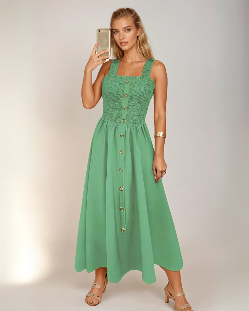 Dames A-Lijn Maxi Jurk Mouwloos Shirred Bodice Luchtige Stof 5