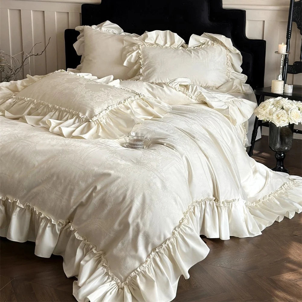 Dames Beddengoedset Romantisch Jacquard Borduur met Chiffon Ruches 1