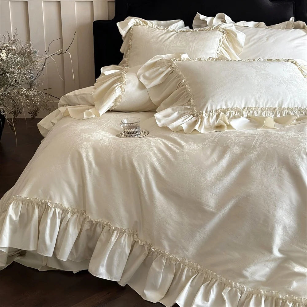Dames Beddengoedset Romantisch Jacquard Borduur met Chiffon Ruches 2